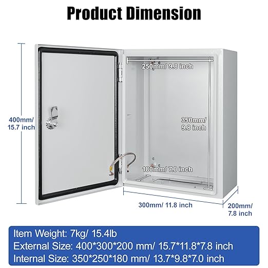 LeMotech Electrical Box 16 x 12 x 8 inch Steel Enclosure, IP66 Waterproof Dustproof Junction Box Wall-Mounted for Outdoor/Indoor Lockable with Equipment Mounting Plate
