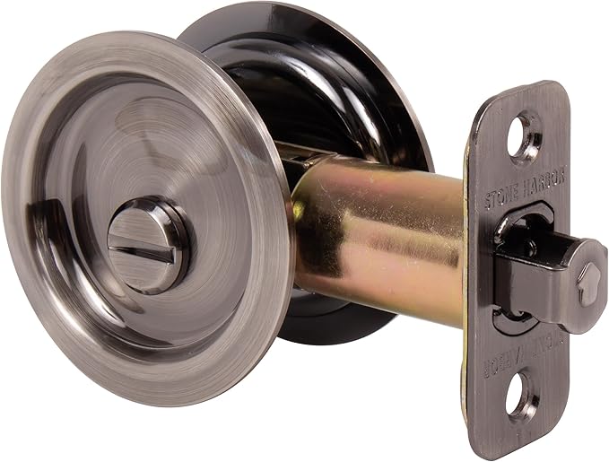 Stone Harbor Hardware Round Pocket Door Lock, Privacy Function, 2-3/8" Backset, Antique Nickel