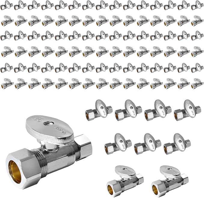 100-Pack Foskan 1/4 Turn Compression Straight Shut off Valve,Straight Stop Valve 1/2" NOM (5/8" OD) x 3/8" OD,Chrome Plated Brass