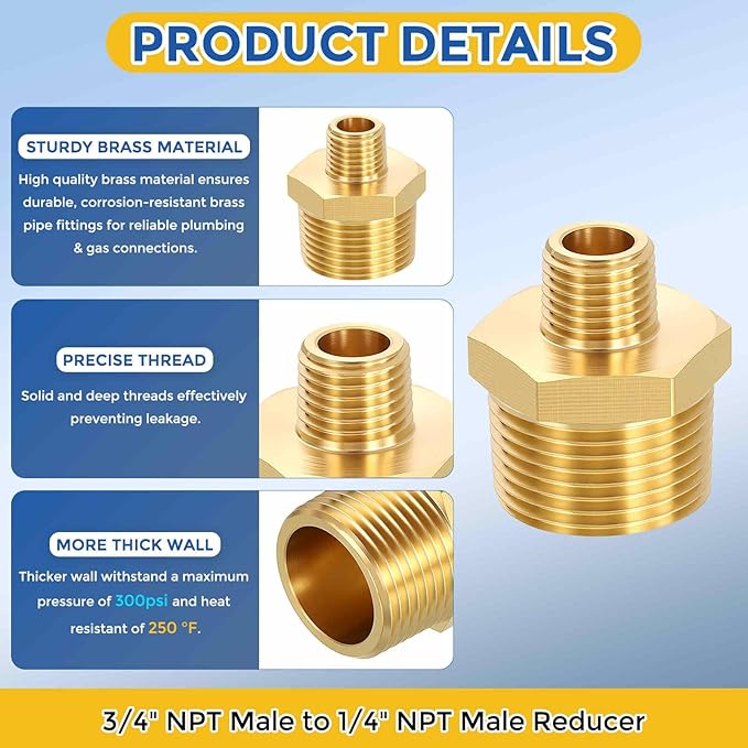 2 Pack Brass Pipe Fittings, 3/4" NPT Male to 1/4" NPT Male Brass Hex Nipple, Male Pipe Adapter Reducer for Air, Oil, LP