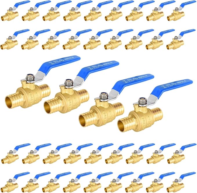 40-Pack Foskan 1 Inch PEX Crimp Full Port Ball Valve with Blue Handle, Brass Quarter Turn Shut-off Valve for PEX Tubing
