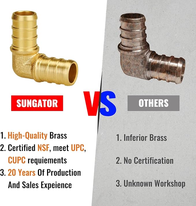 SUNGATOR Pex Fittings 1/2 Inch, 25-Pack 1/2" Pex 90 Degree Elbow, No Lead Brass, NSF, UPC Certified