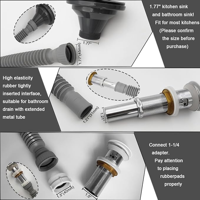 Flexible Expandable Bathroom P Trap, 1 1/4 to 1 1/2 Sink Drain Adapter Included, Wash Basin Rubber Tips Sink Drain Pipe, Universal Extension Tube for Kitchen Bathroom Sink Sewer Drain