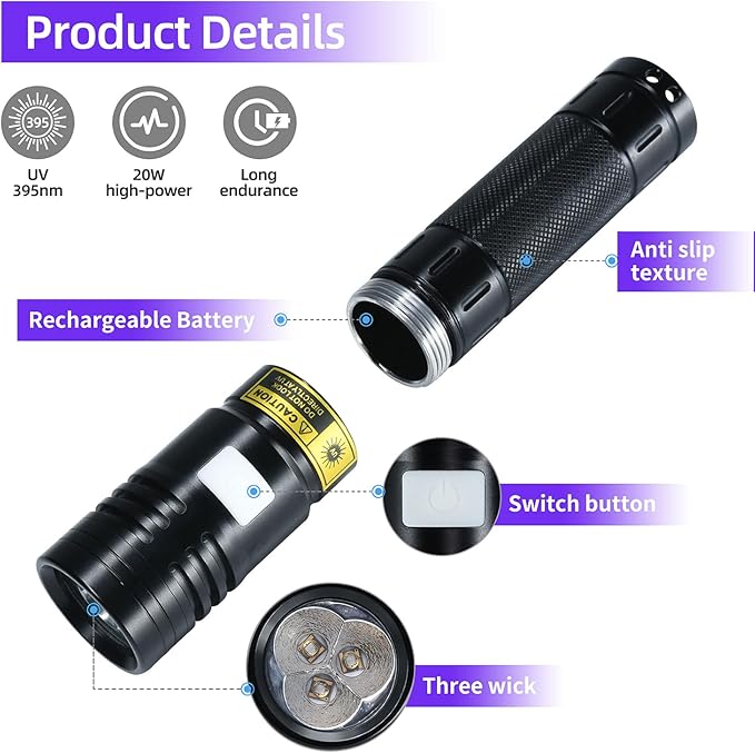 DARKBEAM UV Flashlight 395nm Black Light, 20W High Power 3 UV LEDs USB -C Rechargeable, Mini Woods Lamp Ultraviolet with Glasses- Detector for Pet Urine, Uranium Glass - Leak Detection - Curing Resin
