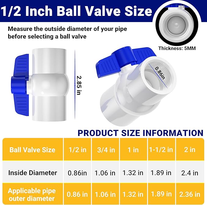 20PCS 1/2" PVC Ball Valves, 1/2" PVC Ball Valve Threaded (NPT), Blue T-handle with Shut-Off Valves Socket for Water Project, Swimming Pool, Sprinkler Lines, Outdoor Plumbing & Irrigation System