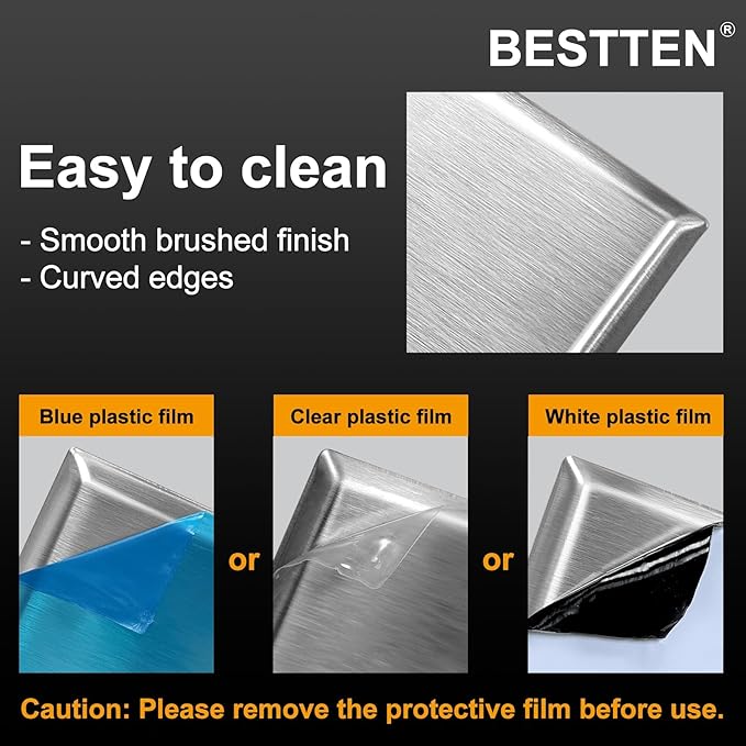 [10 Pack] BESTTEN No Device Stainless Steel Wall Plates with Ｗhite or Clear Plastic Film, Blank Metal Outlet Cover, Durable Corrosion-Resistant Industrial Grade Materials, H4.53” x W2.76”