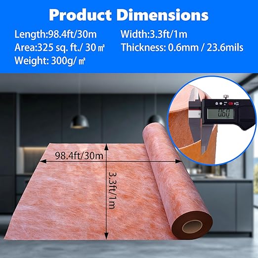 Waterproof Membrane 23.6mils/0.6mm Thickened 3.3ft x 98.4 ft / 325 Sq Ft Tile Underlayment Waterproofing Membrane PE Fabric for Shower Walls, Bathroom Flooring, Wet Room, Tile, Sauna, Steam Room
