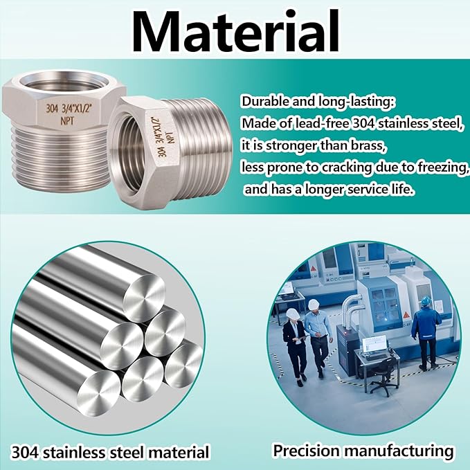 2 Pcs 3/4" Male NPT to 1/2" Female NPT Reducer Hex Bushing，304 Stainless Steel Pipe Fitting Hex Bushing, Heavy Duty Pipe Fitting Reducer Adapter