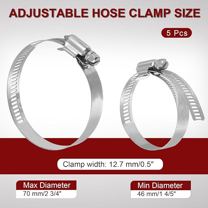 MECCANIXITY 2 Inch Stainless Steel Hose Clamp, Worm Gear Clamp Adjustable 1 4/5"-2 3/4"(46-70mm) Fuel Line Hose Clamps Duct Clamp for Pipe Plumbing Automotive Mechanical (Pack of 5)