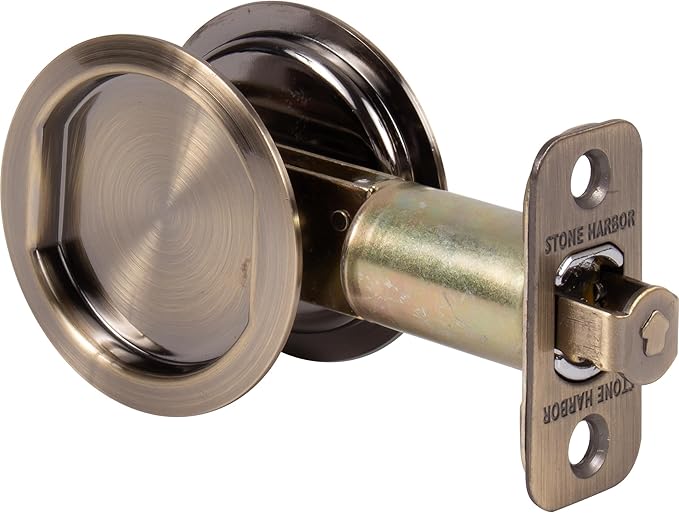 Round Pocket Door Lock, Passage (Hall/Closet) Latch, 2-3/4" Backset, RCL, Antique Brass by Stone Harbor Hardware