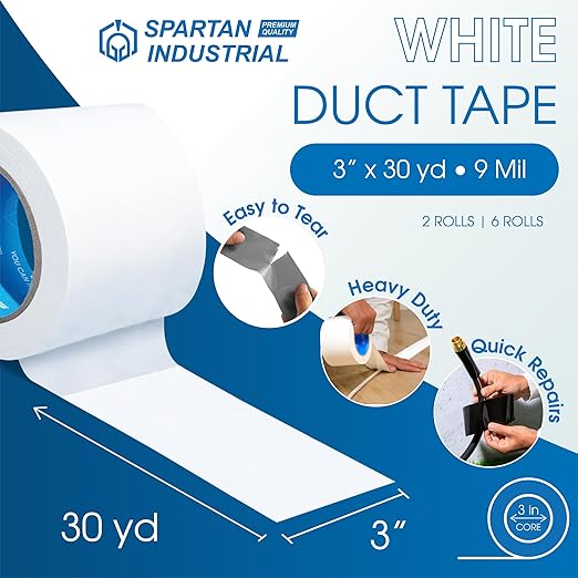 SPARTAN INDUSTRIAL - 3" X 30 yd Water-Resistant White Duct Tape - 2 Heavy-Duty Tape Rolls for Professional, Home, and DIY Repairs - No Residue, 9 Mil