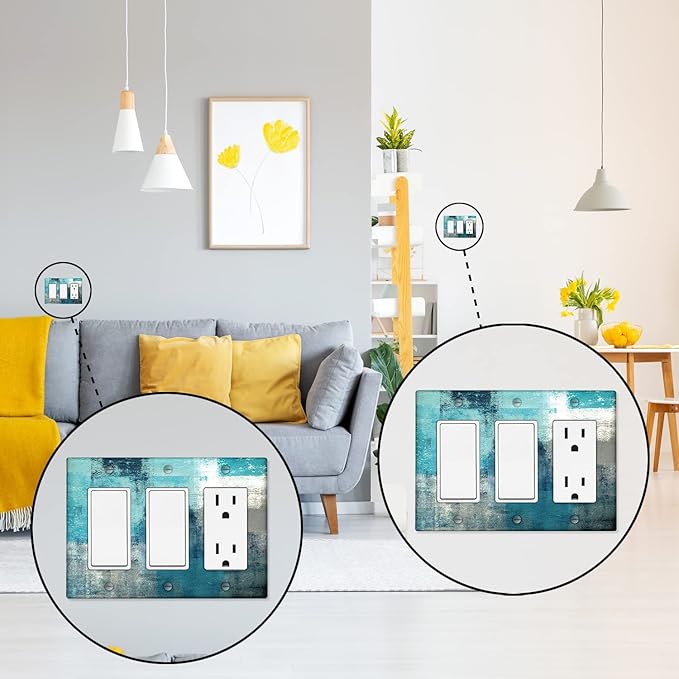 Turquoise Teal Grey 3-Gang Rocker Light Switch Cover Abstract Art Decorative Wall Plate Cover Modern Electrical Outlet Covers
