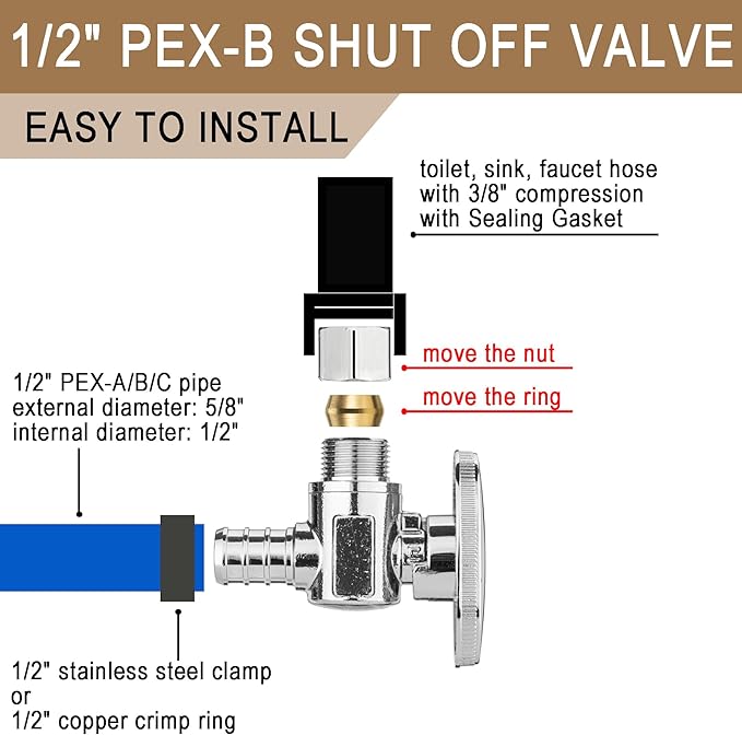 [10 Pieces] Lingmfg Angle Valve Shut Off Valve 1/2" PEX-B Crimp x 3/8" Compression LING-AV38-1/2F1807-A-10