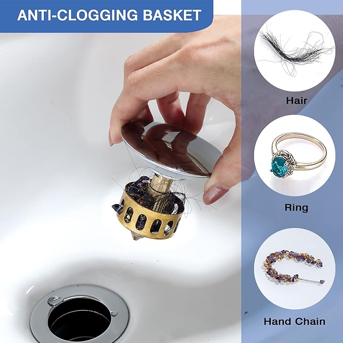 Stainless Steel Pop up Drain for Bathroom Sink Inst Sink Drain with Detachable Basket, Polished Chrome Drain Component with Overflow Bathroom Sink Drain