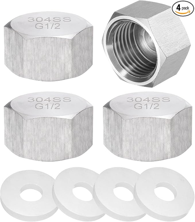 uxcell 4pcs Hex End Cap 304 Stainless Steel Nut with Washer, G1/2" Female Thread Pipe Fitting, Gas Line Water Line Stop Valve Cap Tubing Ends for Plumbing Fittings, Silver Tone
