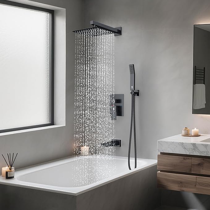 SR SUN RISE 10 Inches All Metal Bathtub Faucet Set Shower System with Tub Spout Square Rain Shower Head and Handheld Combo Shower Fixtures, Modern Valve and Trim Kit, Matte Black