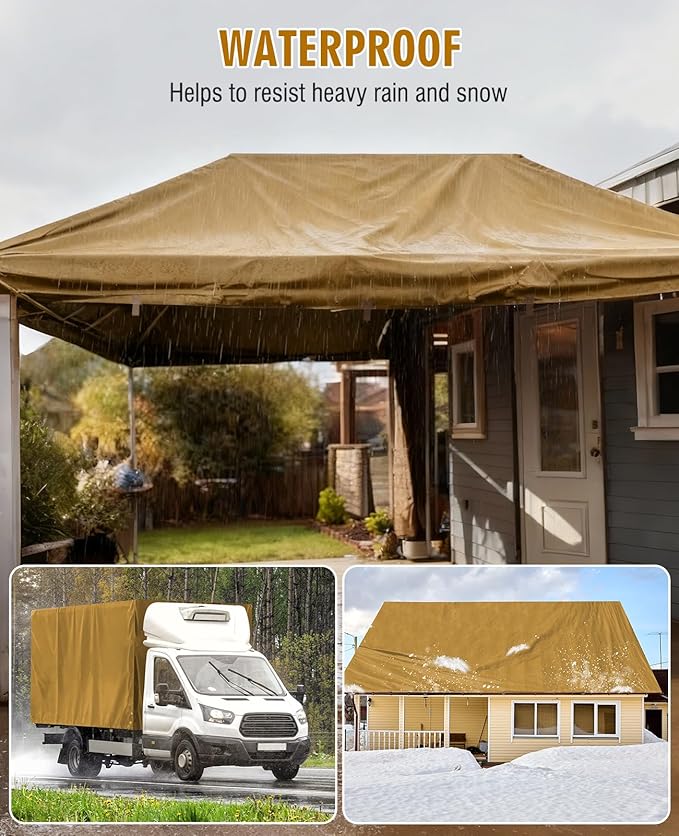 HIRALIY 20 Mil Heavy Duty Waterproof Tarp, 10.5x20ft Brown Tarpaulin with Reinforced Webbing Loops, Multipurpose Oxford Fabric Tarp for Firewood, Roof, Camping, Pool