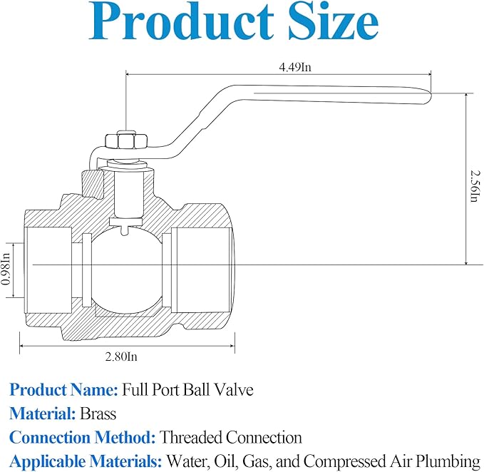 WiseWater 1" NPT Full Port Brass Ball Valve, with 1/4 Turn Blue Handle, 600 WOG, Plumbing Fitting, UPC Certified, 1 Pc