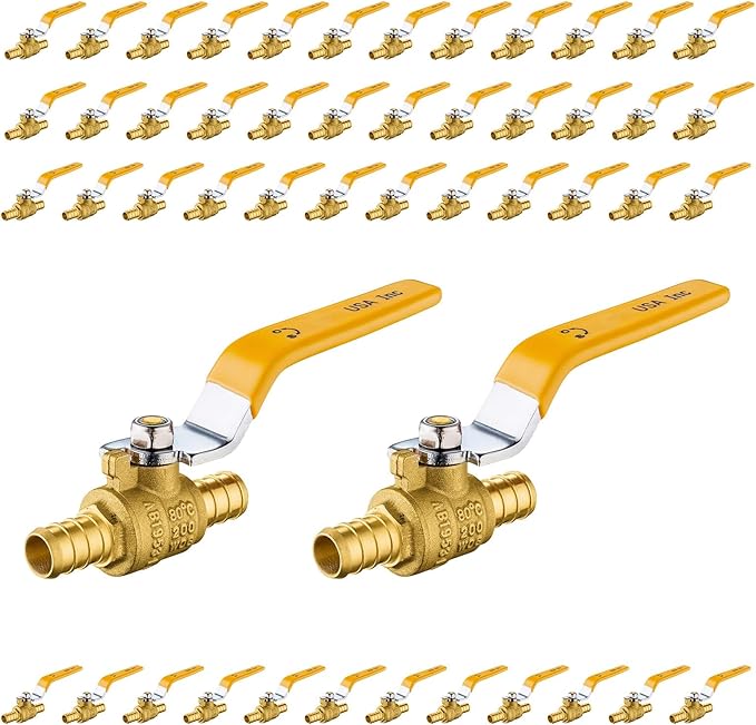 50-Pack Foskan 1/2 Inch PEX Crimp Full Port Ball Valve with Yellow Handle, Brass Quarter Turn Shut-off Valve for PEX Tubing