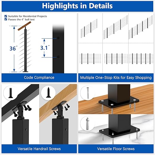 36" Expandable 12-16FT Black T304 Cable Railing Post Kit, Complete Cable Railing System with 4 Stair Posts, 177ft 1/8" Wire Rope(No Handrail), Adjustable Length Easy DIY for 25-35°Stairway