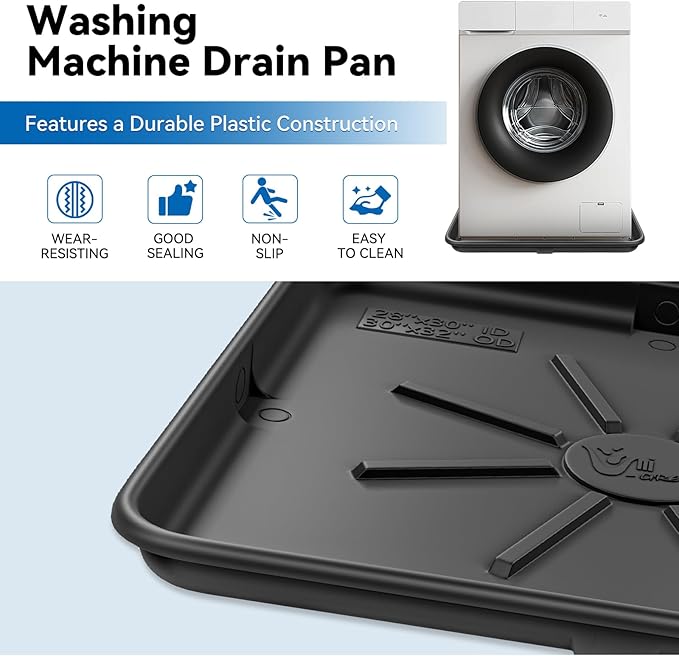 Washing Machine Drain Pan, Features a Heavy Durable Plastic Construction,Protects Floors from Leaksf,Size 30X32 Including 1" Drain Fittings(Black)