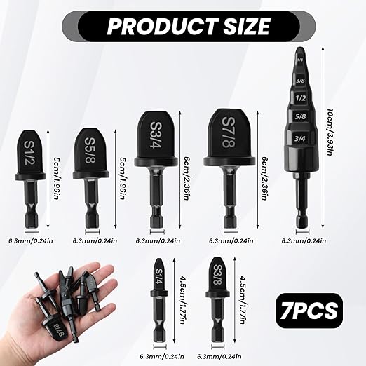 7 Sets HVAC Copper Tube Flaring Tool Drill Bit Set, Swaging Tube Repair 5 in 1 Air Conditioner Copper Pipe Expander Flaring Swaging Drill Set with 1/4'', 3/8'', 1/2'', 5/8'', 3/4'', 7/8' Bits, Black