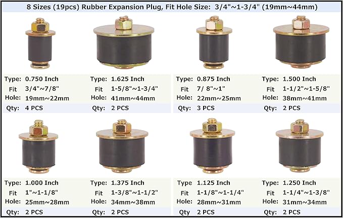 8 Sizes (19pcs) Neoprene Rubber Expansion Plug 3/4" 7/8" 1" 1-1/8" 1-1/4" 1-3/8" 1-1/2" 1-5/8", Automotive Rubber Freeze Frost Plug Fit Hole Size: 3/4"~1-3/4" (19mm~44mm)