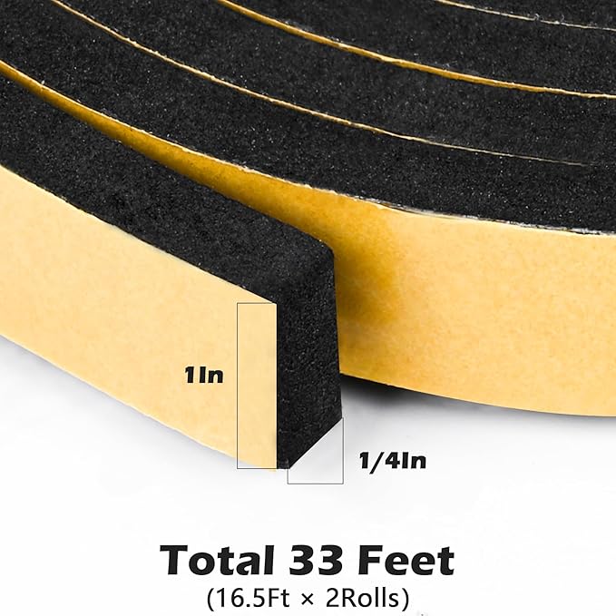 ToLanbbt Black Door Window Weather Stripping Self Adhesive Foam Tape High Density Foam Sealing Strip Window Insulation Weatherproof Gasket Tape 1" Wide X 1/4" Thick, 16.5 Ft X 2 Rolls, Total 33 Feet