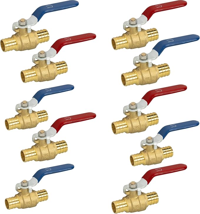 Hourleey 10 Pieces 3/4 Inch Pex Brass Full Port Shut Off Ball Valve Hot and Cold, Quarter Turn HOT (RED) COLD (BLUE) of Brass Water Stop Shut Off, 1 Piece Each