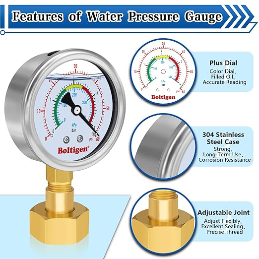 0-100 Psi Water Pressure Test Gauge, Water Pressure Gauge, 3/4" GHT Female Thread Pressure Gauge Filled with Oil, Water Pressure Gauge for Home, Fit for Home Indoors and Outdoors Pressure Test