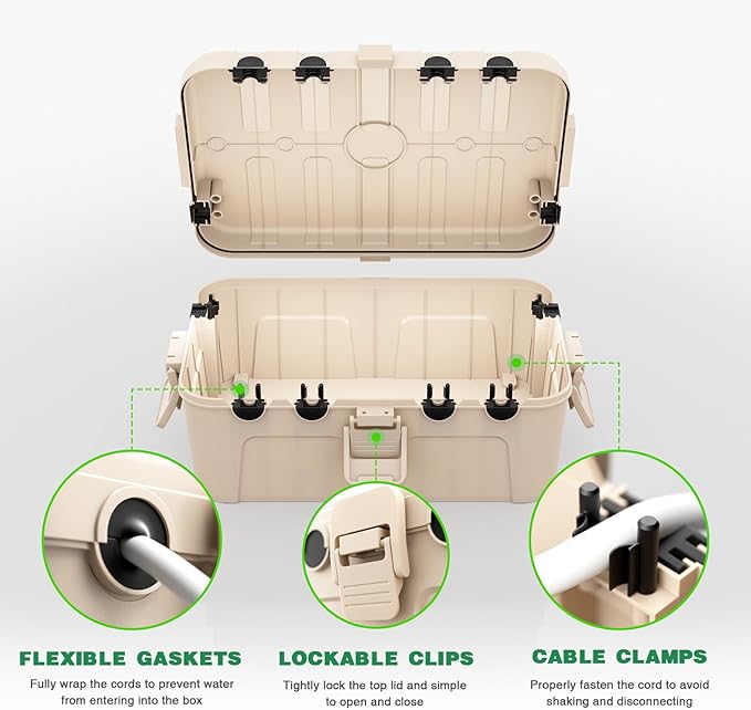 Flemoon 2-Piece Outdoor Waterproof Electrical Box Set – 12.5" x 8.5" x 5" Large Electrical Box & 11.3" x 4.3" x 3" Extension Cord Cover for Power Strip, Outlet, Holiday Light, Almond