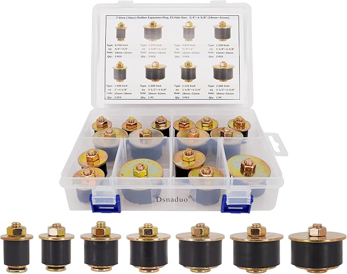 16pcs 7 Sizes Automotive Expandable Freeze Plugs Kit,Rubber Expansion Plug, Fit Hole Size:3/4" 7/8" 1" 1-1/8" 1-1/4" 1-3/8" 1-1/2" (19mm~41mm)