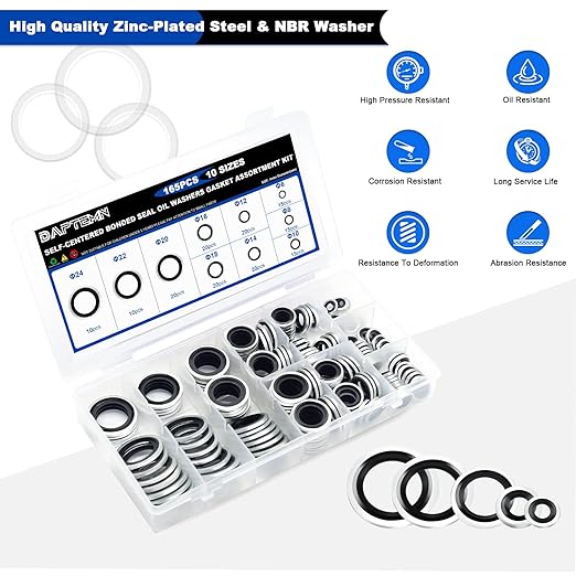 165PCS Bonded Sealing Washers, NBR Metric Zinc-Plated Steel Self-Centred Sealing Rubber Washers, Automotive Seal Gasket Crush O-Ring Assortment Kit Set M6 to M24