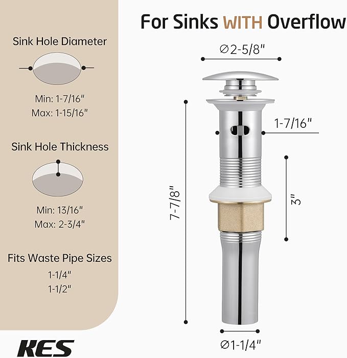 KES All Metal Bathroom Sink Drain with Strainer Basket Hair Catcher Anti Clog Pop Up Drain Stopper for Vanity Vessel Sink with Overflow, Rustproof 18/8 Stainless Steel Polished Chrome S2013A-CH