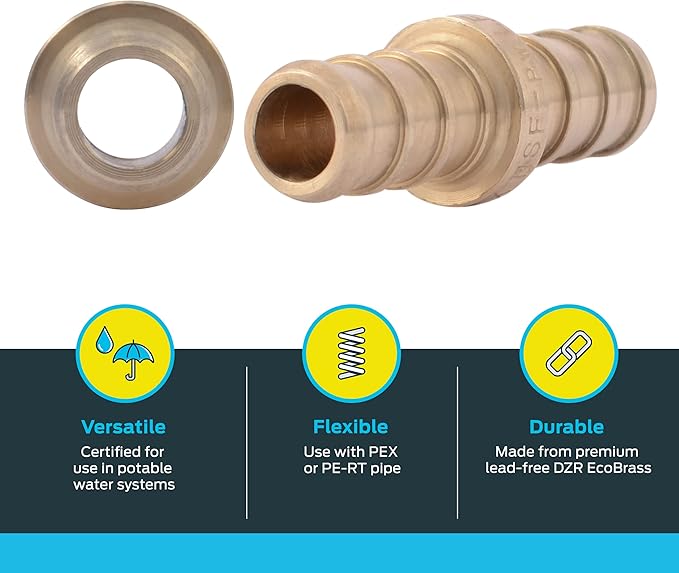 SharkBite 3/8 Inch Crimp Coupling, Brass Plumbing Fitting, PEX Pipe, PE-RT, UC006LFA