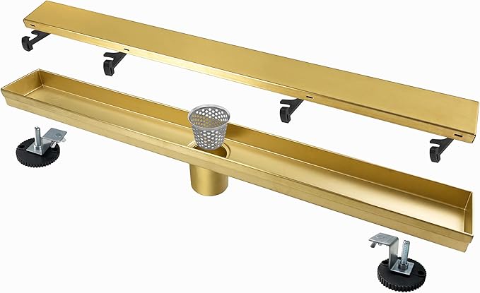24 Inch Linear Shower Drain Gold Floor Drain with Removable SUS304 Stainless Steel CUPC Certificate and 2-in-1 Tile Insert Grate Cover