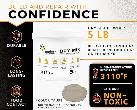 Refractory Cement Dry Mix Mortar 5 LB 3110 Degree °F High Temp Heat Resistant Mortar for Repairing & Masonry, Fire Brick Lining Fire Pit, Fireplace, Kiln, Furnace, Forge