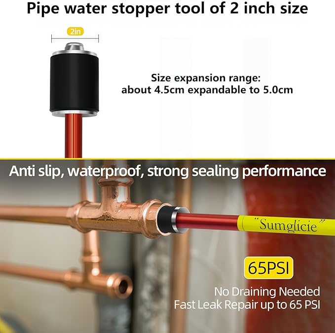 Plumbing Plug Tool, Water Stopper for Pipes 2" PVC Copper Steel Pipe, expansion range 4.5 to 5cm, No Draining Needed Fast Leak Repair up to 65 PSI, with replacement gaskets nuts EPDM Kit