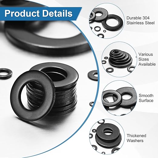 100-Pack M2 Flat Washers, Metric 5mm OD 0.3mm Thick 304 Stainless Steel Washers for Bolts Screws Nuts for Automotive/Machinery/Furniture, Flat Metal Washers [Black Galvanized]