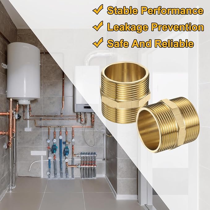PATIKIL Brass Pipe Fitting, 1-1/2" BSP Male x 1-1/2" BSP Male Thread Connector Brass Hex Nipple Pipe Fitting Adapter for Gas Water Refrigeration System Conversion