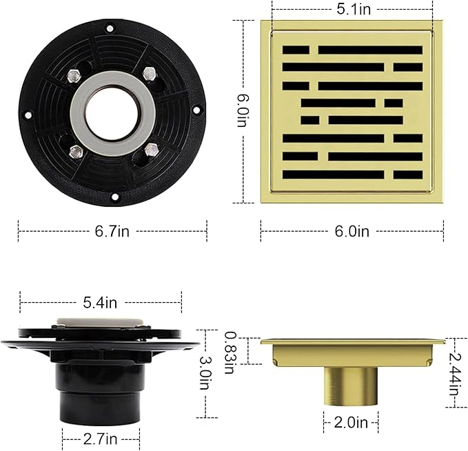 6 Inch Square Shower Floor Drain, Shower Drain Kit with Flange, Square Shower Drain, SUS 304 Stainless Steel Floor Drain,Brushed Gold