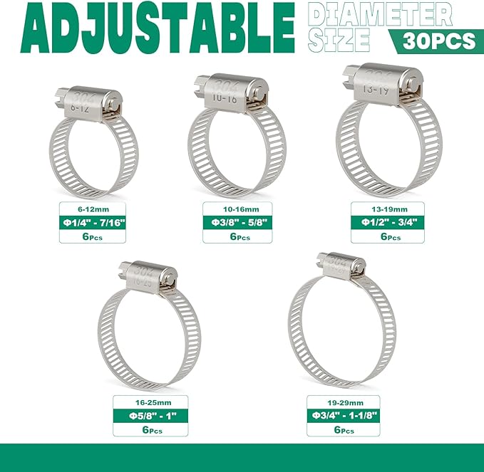 30PCS Hose Clamps Stainless Steel Assortment Adjustable 1/4"-1-1/8"(6-29mm) Worm Gear Hose Clamp, Heavy Duty Metal Small Hose Clamps for Automotive, Pipe, Radiator Plumbing, Fuel Line