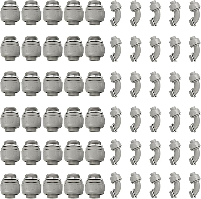Conduit Connectors, 1 Inch Liquid Tight Connector NPT Non-Metallic for PVC Electrical Flexible Conduit Fittings, 30 Straight and 30 Angle 90 Degree, UL Listed, Grey (60-Pack)