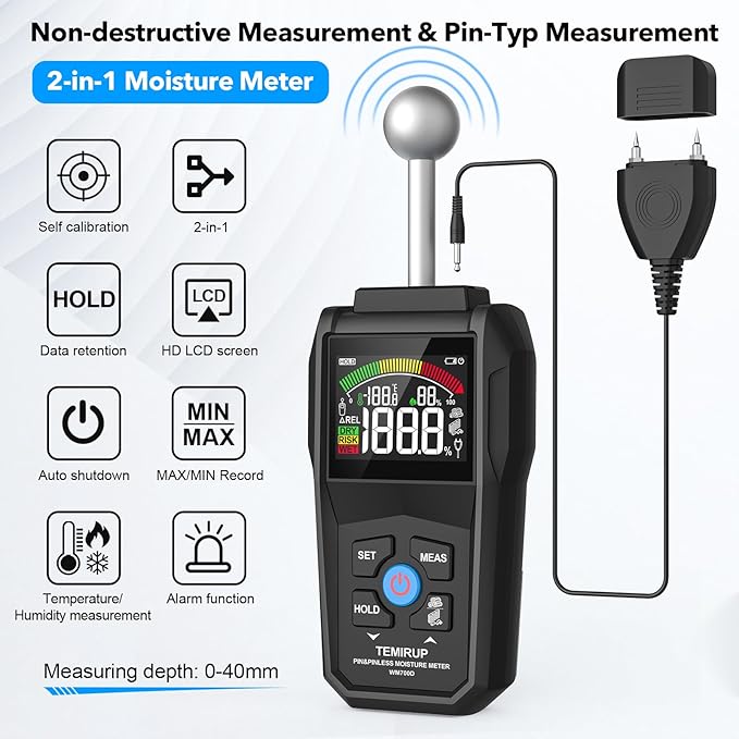 Moisture Meter - TEMIRUP Pin & Pinless Wood Moisture Tester with Color LCD and Acoustic Alarm, Digital Moisture Reader Detects 20-40 mm for Walls, Wood, Masonry, Concrete and Other Building Materials