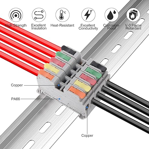 Terminal Block Kit, Rail Type Voltage Terminal, KV2.5B 600V 32A 28-12 AWG Compact Lever Wire Connectors, 12.6” DIN Rail Included, Quick Wiring Connection, DIN Rail Terminal Blocks Kit, Rail Combined