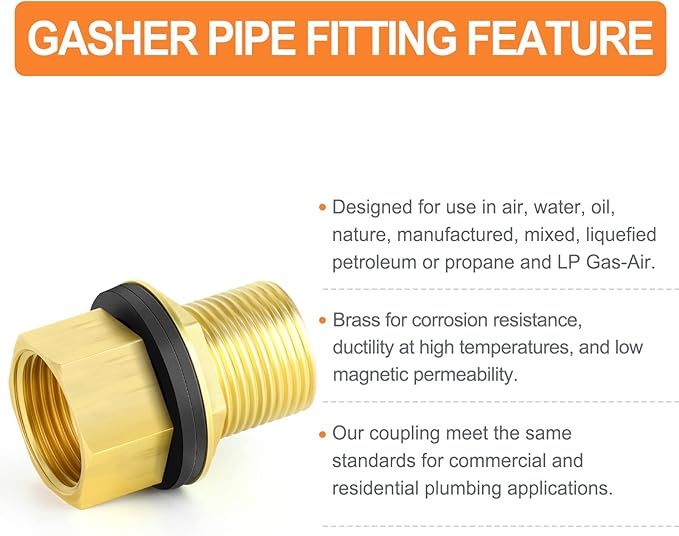 GASHER 2PCS Brass 1" Female 1" Male Bulkhead Tank Connector Adapter Fitting with Rubber Ring