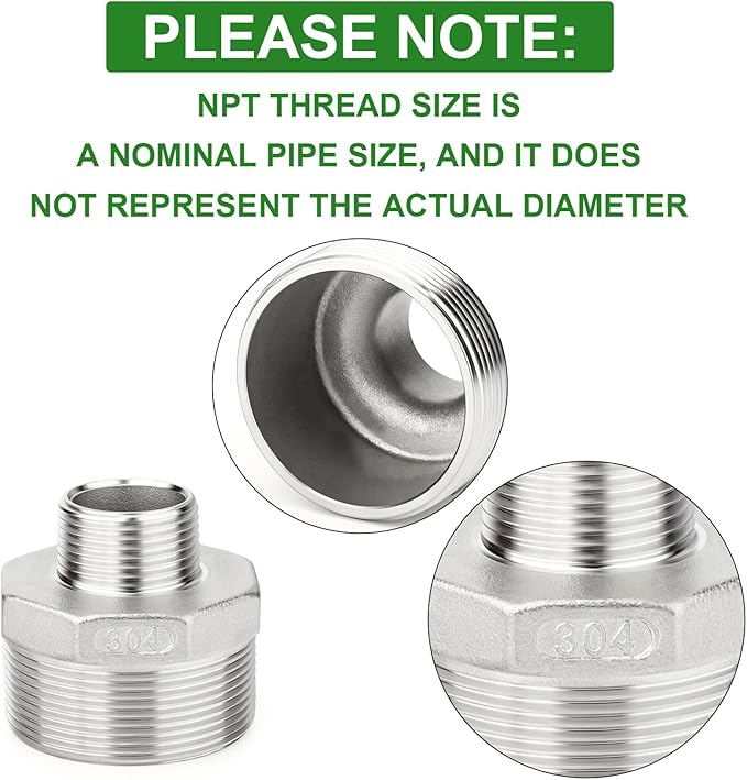 TAISHER 2PCS Cast 304 Stainless Steel Hex Nipple, Reducer Pipe Fitting 2" NPT Male x 1-1/4" NPT Male