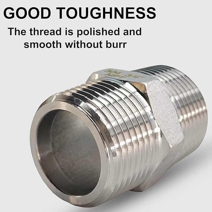ZOUNI Hex Nipple 1/4” Male x 1/4” Male Pipe Fittings, 304 Stainless Steel 1/4” inch NPT Male Threaded Pipe Adapter Fittings Equal Nipples Connectors, Male Straight Connector Pipe Fitting