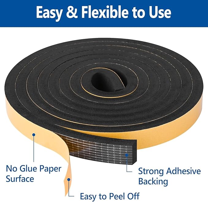 Self Adhesive Foam Tape Weatherstrip 1/2in x 1/2in x 16.5Ft High Density Foam Insulation Strips Foaming Seal Weather Stripping with Strong Adhesive for Door and Window Sound Isolation Soundproofing