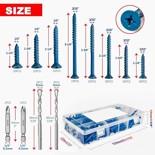 220Pcs Concrete Screws with Drill Bit and Driver bit, 3/16" 1/4" Flat Head Concrete Cement Screws Assortment Kit for Anchoring to Masonry, Block or Brick Stucco, Length 1-1/4" to 3-1/4"